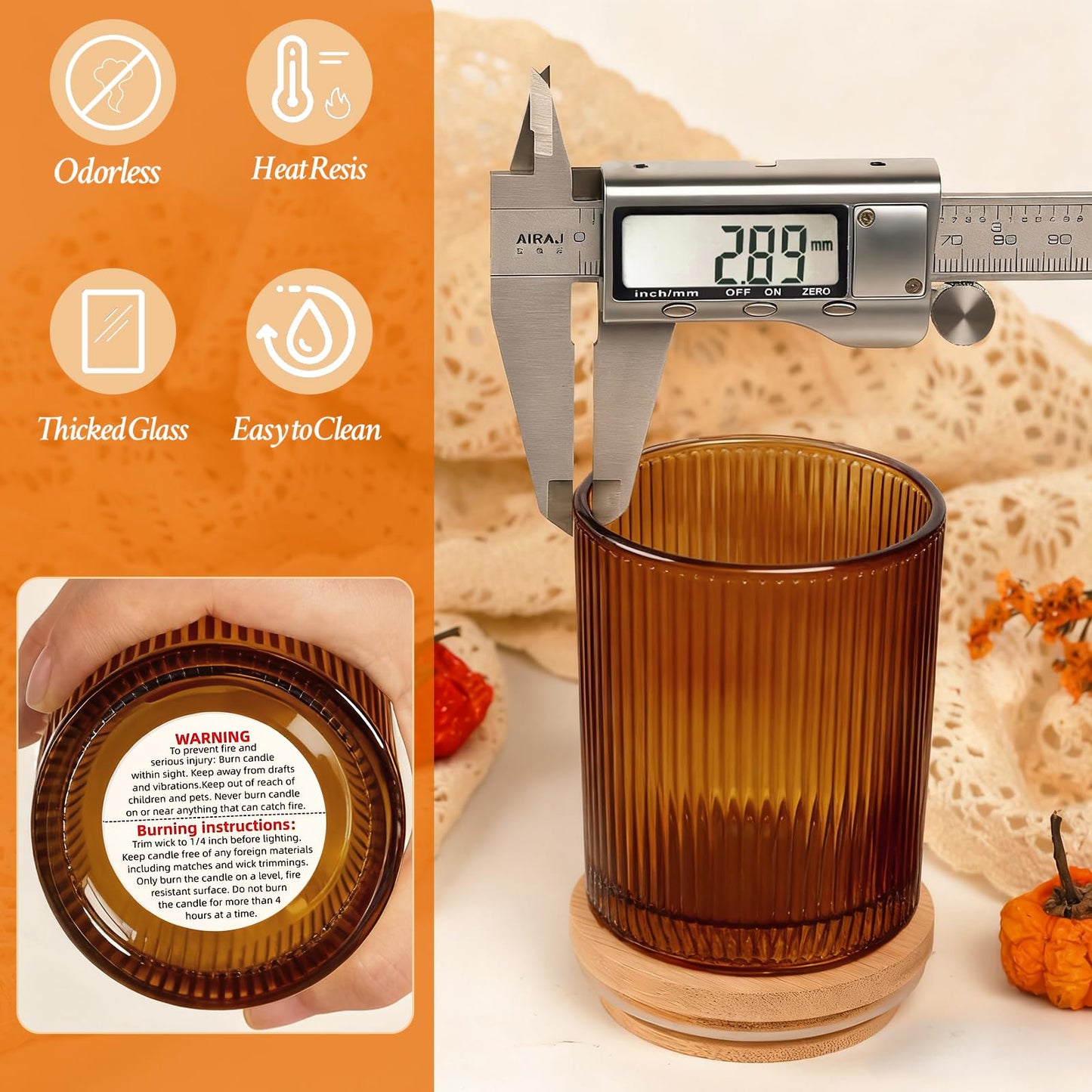 CONNOO 16pcs Ribbed Candle Glass Jars with Natural Bamboo Lids, 7oz Thick Containers for Candle Making with Wicks & Stickers, Ribbed Amber Jars for DIY Projects, Bulk Orders, Gifts & Home Décor