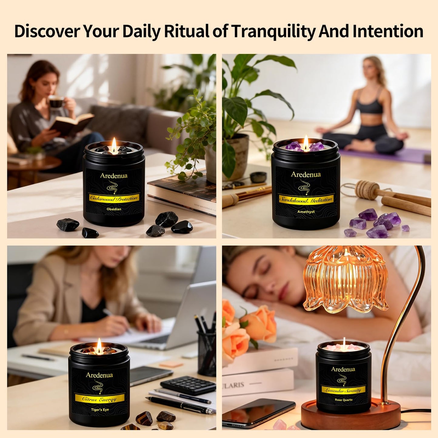 Aredenua Scented Candles Set, 4 Pack Crystal Healing Candles with Rose Quartz Amethyst Tiger Eye Obsidian, 7oz Natural Soy Wax Candles, Lavender Citrus Sandalwood Cedar, Meditation Gifts for Women Men