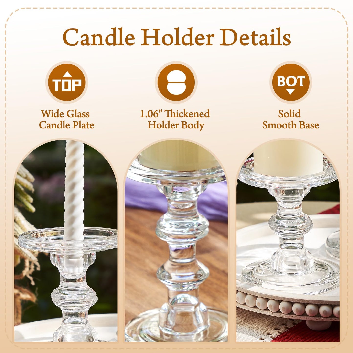 CHILL RECIPE Glass Candle Holder Set of 3, Big Heavy Tall Crystal Candlestick Holder for Pillar Candles Taper Candles, Christmas Decoration Wedding Table Dinning Church Centerpiece