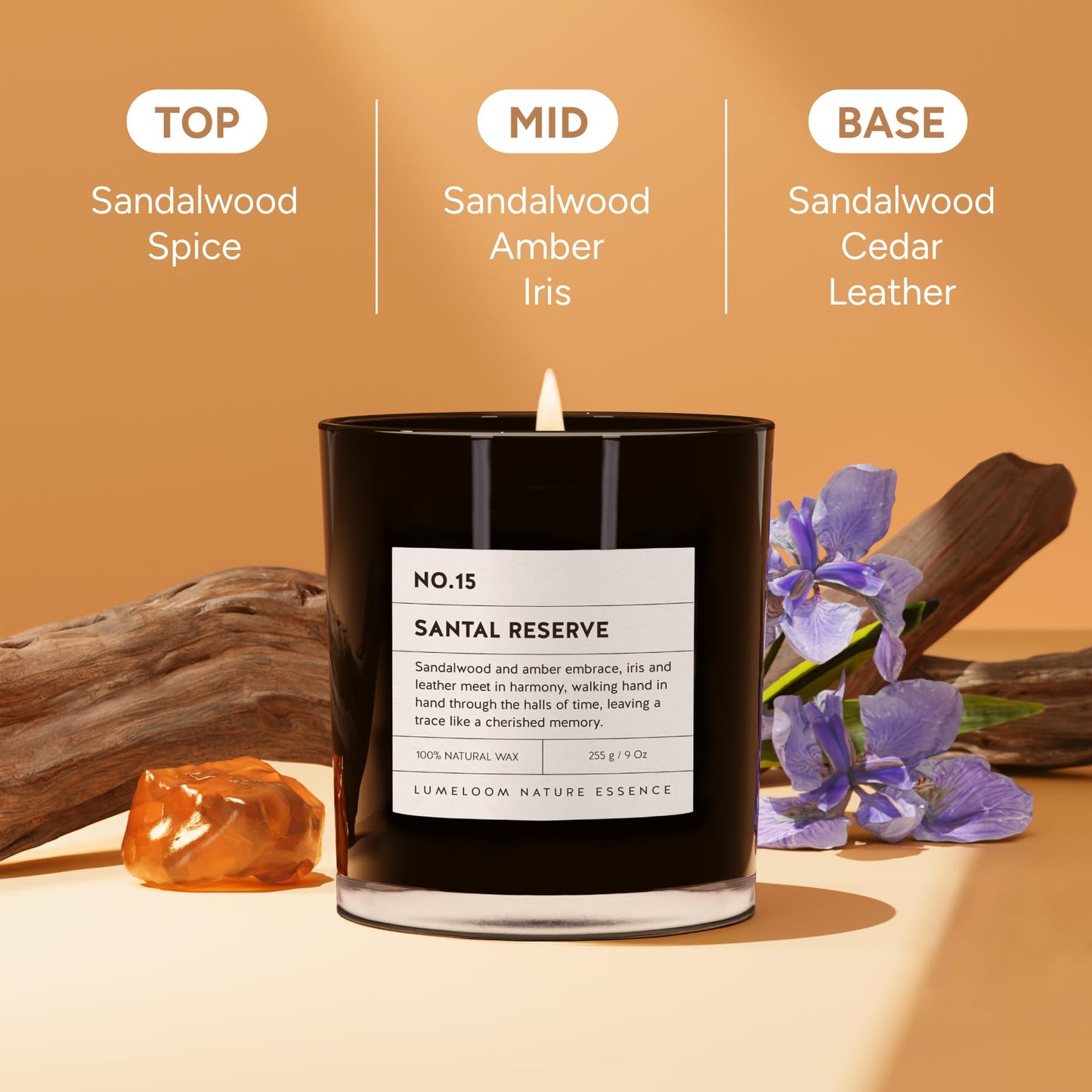 LUMELOOM Santal Reserve Luxury Scented Candles, 9oz Soy Wax Candles for Home Scented, Sandalwood, Amber, Iris & Leather Scent, Long Burning Time, Gifts for Women, Men, Sister, Teacher, Christmas