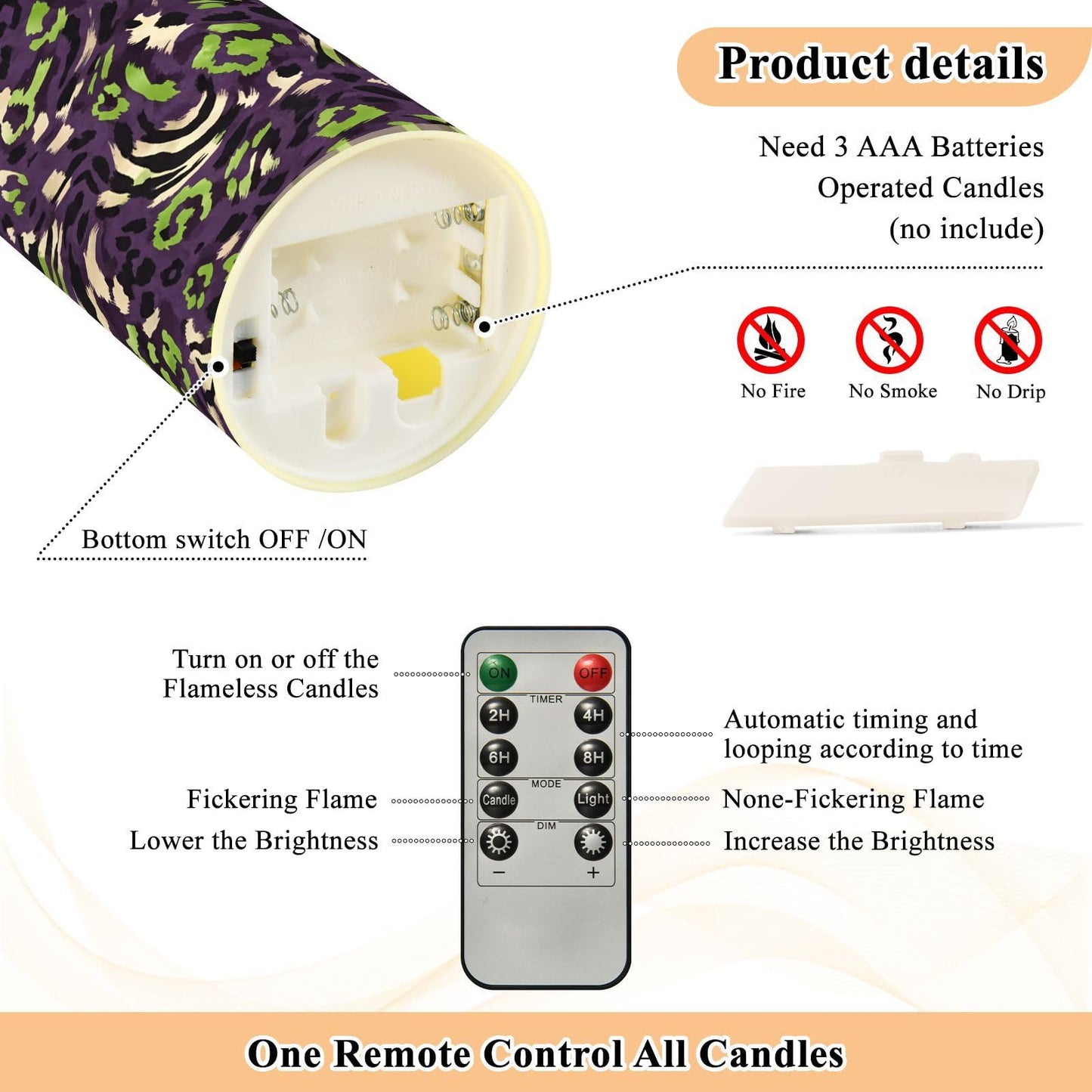 Gravopti Animal Print 2 Pack Flameless LED Pillar Candles with Remote & Timer, Battery Operated, Flickering Wax Candle for Wedding, Romantic Home & Party Decor