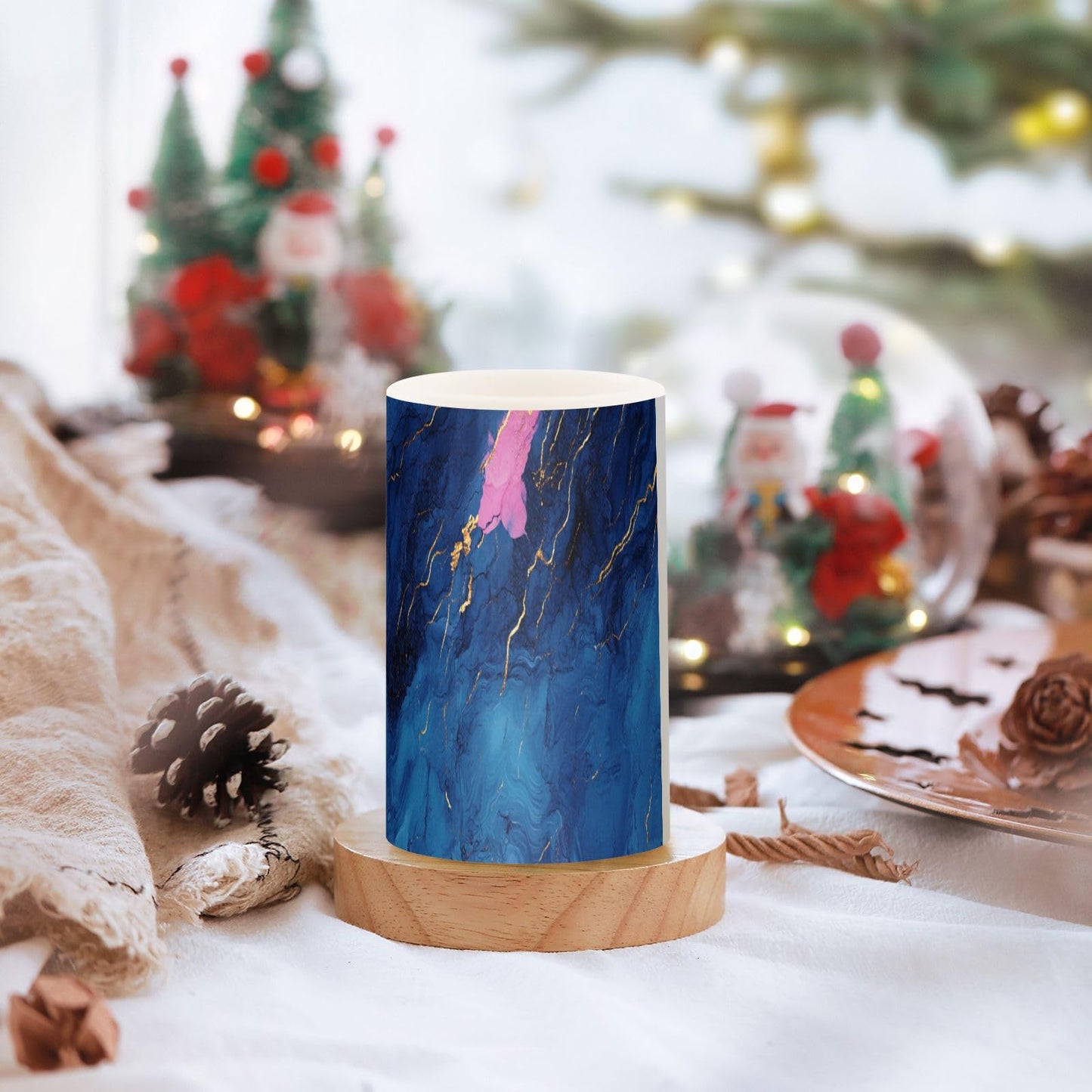 Flameless Pillar Candles Battery Powered Flameless Candle Lantern for Fireplace Marble Navy Blue Pink