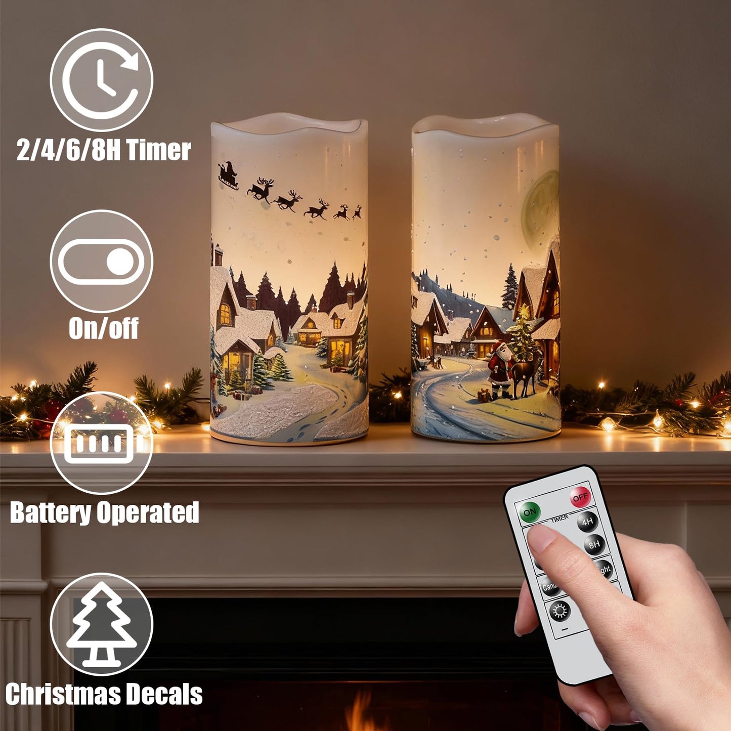 KunSwenn Christmas Flameless Candles, Christmas LED Battery Operated Candles with Remote Timer, Set of 2 Pillar Candle with Snow House, Santa, Reindeer Decals for Holiday Winter Decor(D6” x H3”)