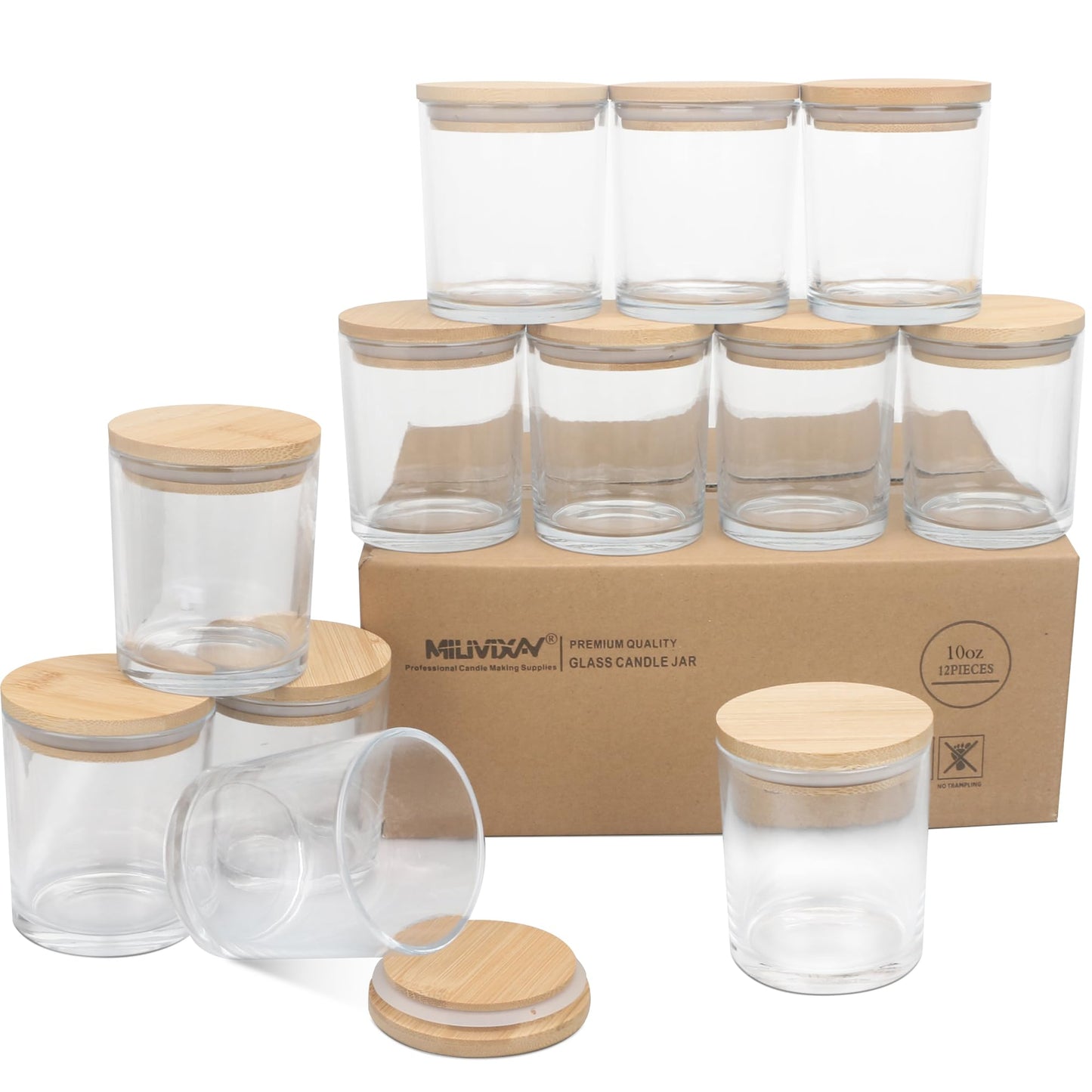 MILIVIXAY 12 Pack 10 OZ Clear Thick Glass Candle Jars with Lids - Bulk Empty Candle Jar for Making Candles - Spice, Powder Containers.