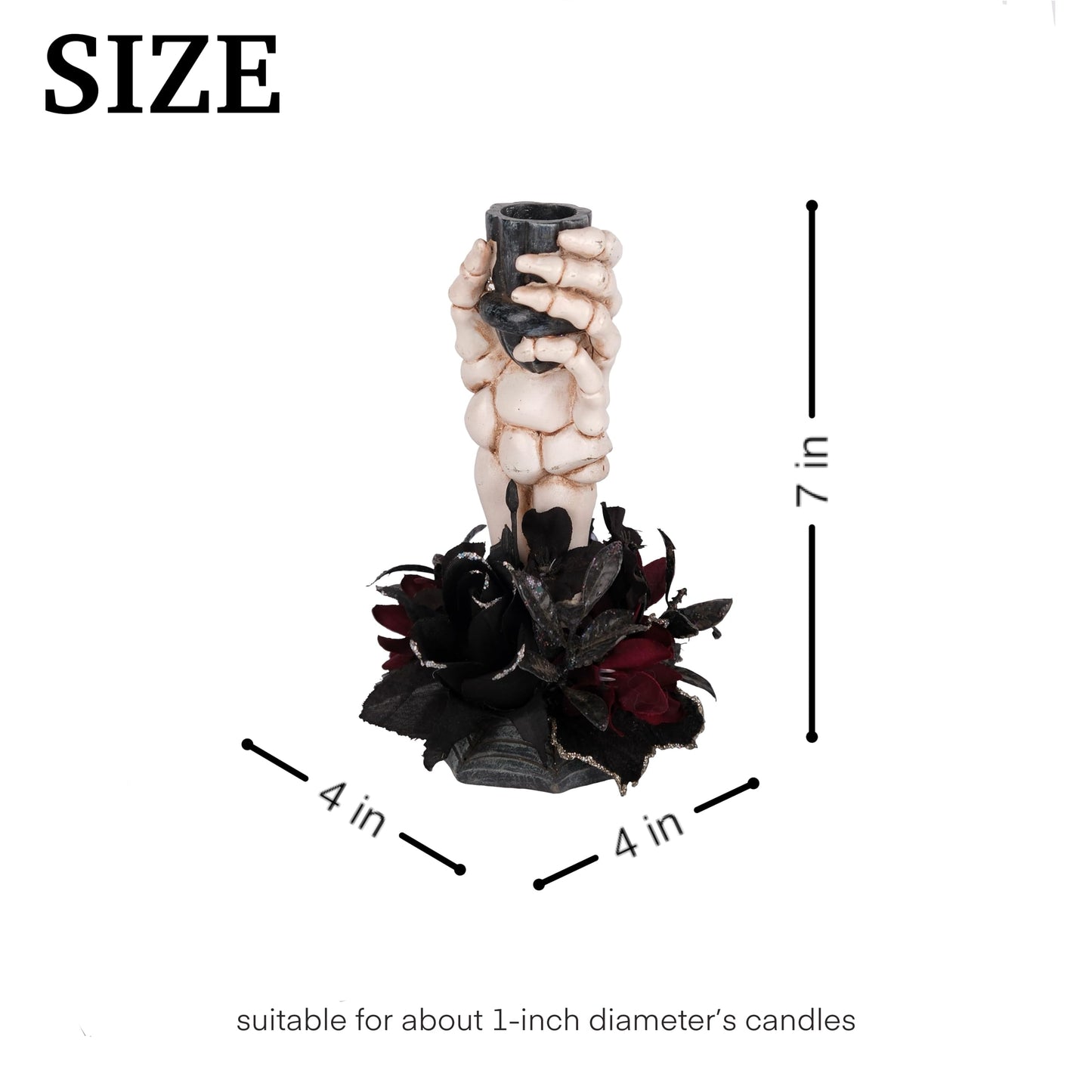 LushNook Halloween Candle Holder, Resin Skeleton Hand Candlestick with Black Faux Flower, Halloween Decor for Home Table, 7" Height