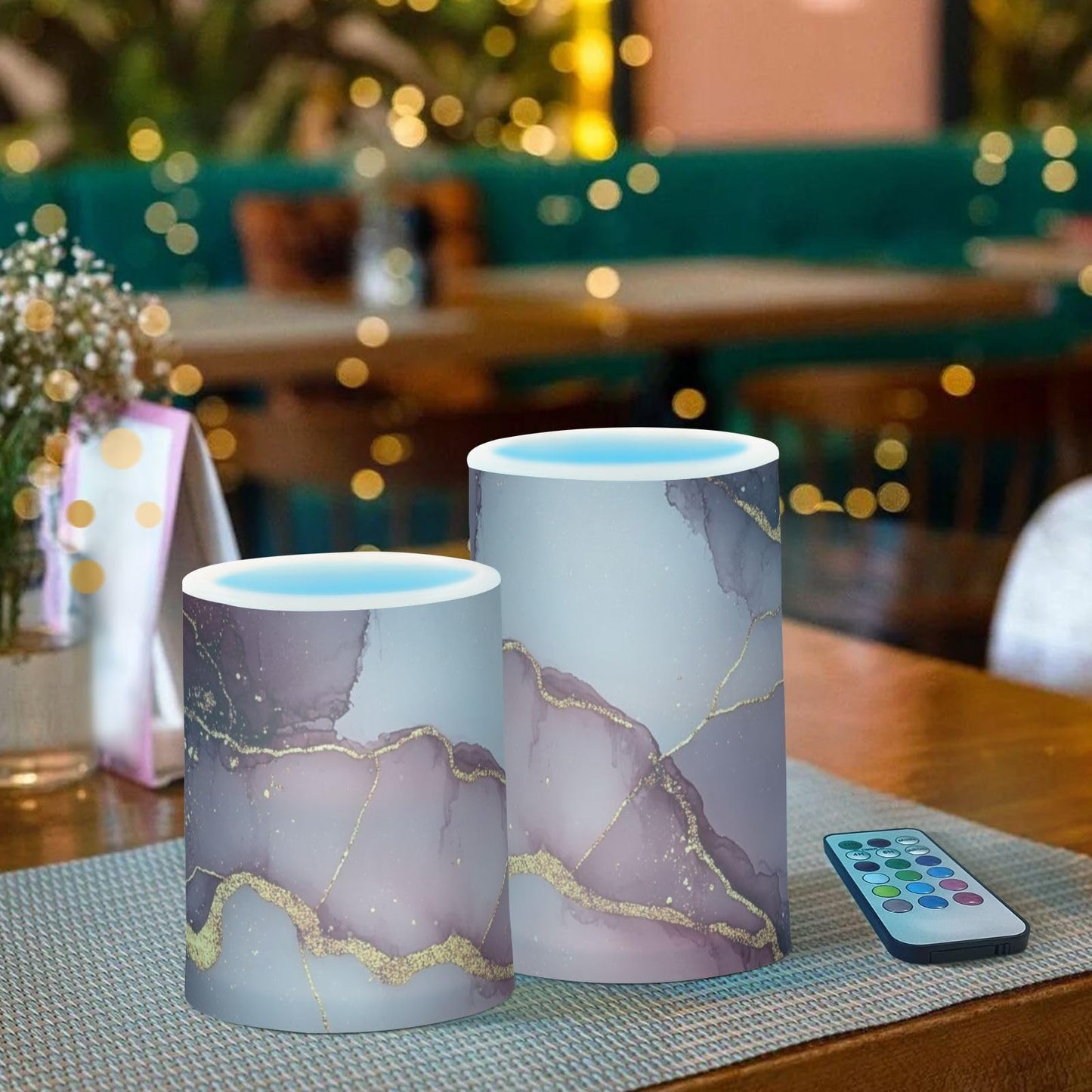famyily Marble Burgundy Gray Flameless Candles Led Flameless Candles with Timer for Dining Room Table 4" 5" Set of 2