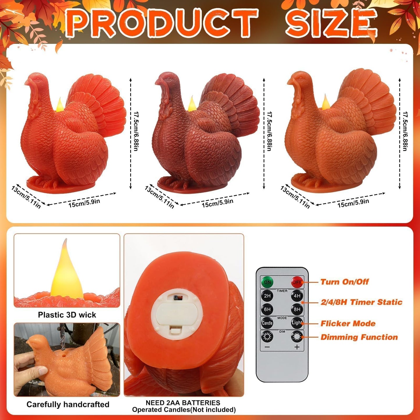 LCZLUMIPRO Set of 3 Autumn Harvest Flameless Candles - Real Wax Turkey Shaped LED Candles with Remote Timer, Battery Operated for Fall Thanksgiving Table & Winter Home Decor