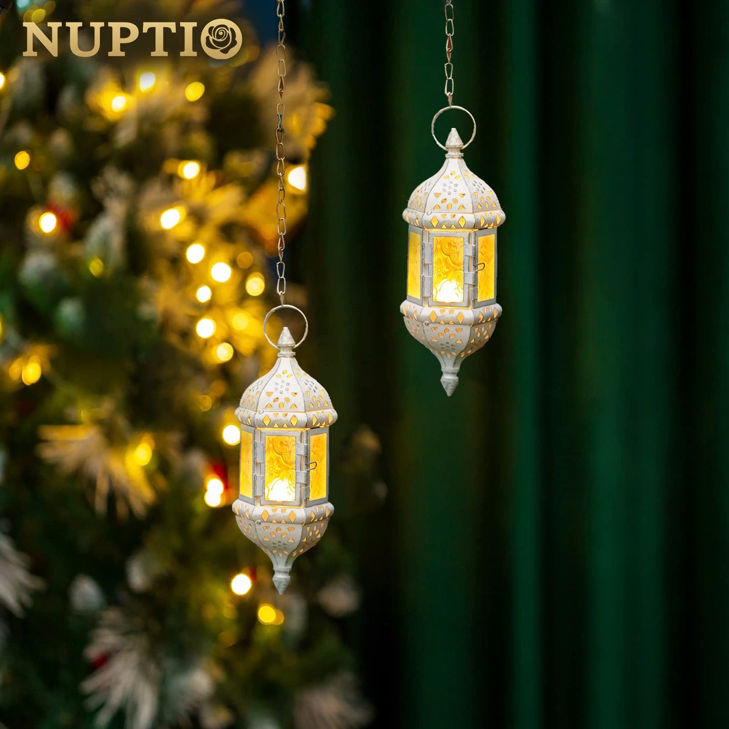 2 Pcs Moroccan Lantern Metalwork Hanging Tealight Candle Holder Metal Glass Indoor Outdoor Battery Operated LED Flameless with 35cm Chain, White