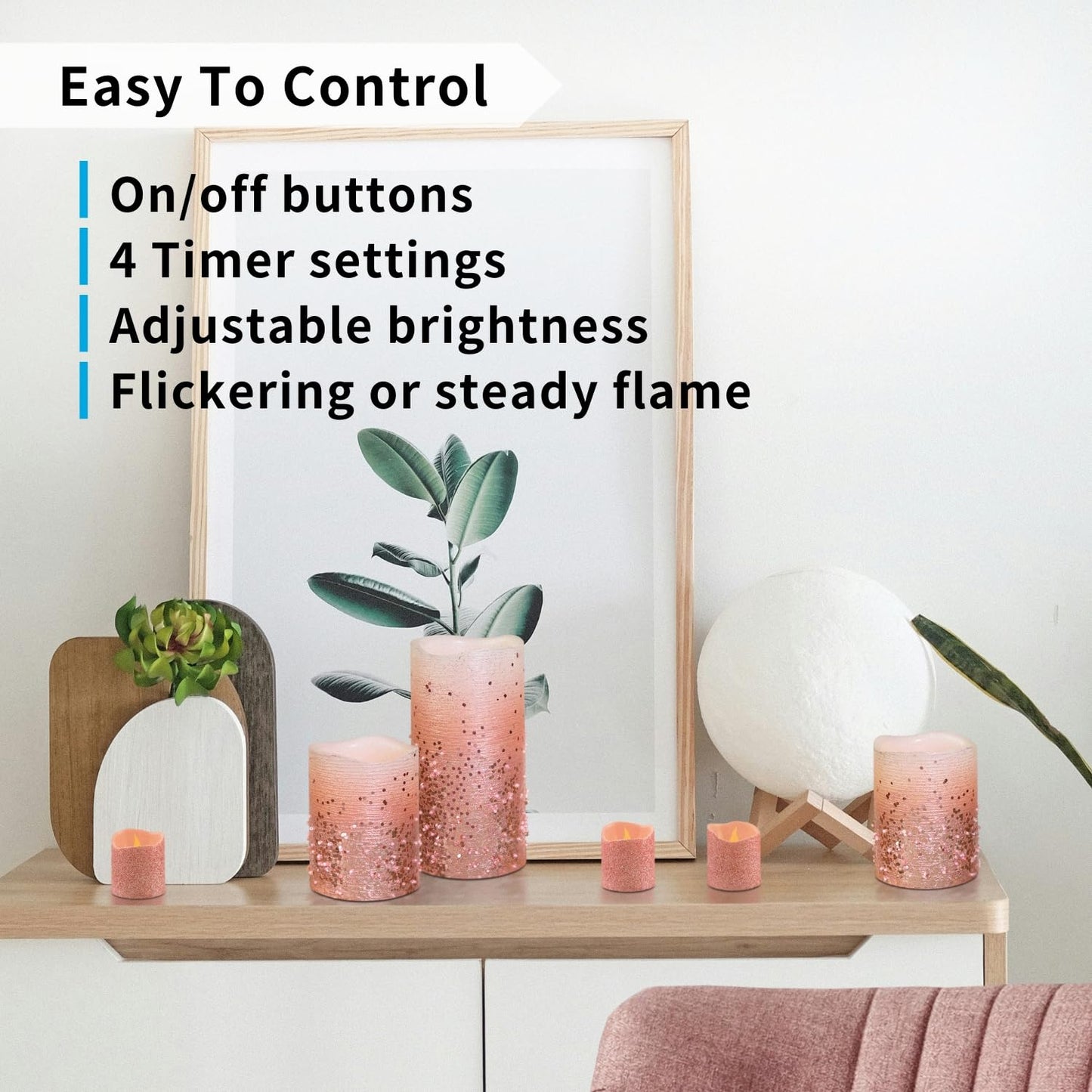 FURORA LIGHTING Pink Glitter Flameless Candles - Real Wax, Adjustable Brightness, Remote & Timer - 4 Pillars (3x4, 3x6) and 4 Votives, 8-Pack, Battery Operated