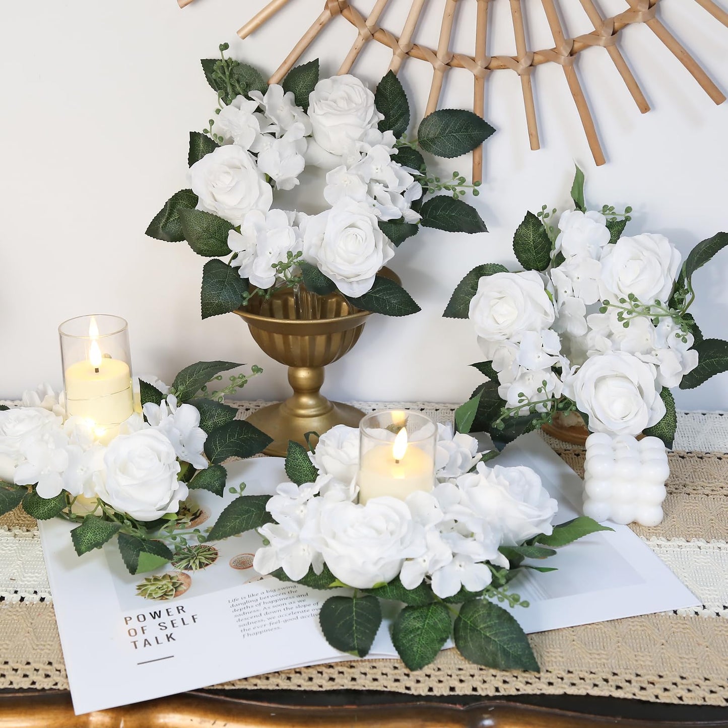UUXX White Artificial Flowers Candle Rings Wreaths for Pillars, 4pcs Silk Roses Hydrangea Floral Candle Wreaths Rings for Table Centerpieces Wedding Valentine's Day Party Decor (White)