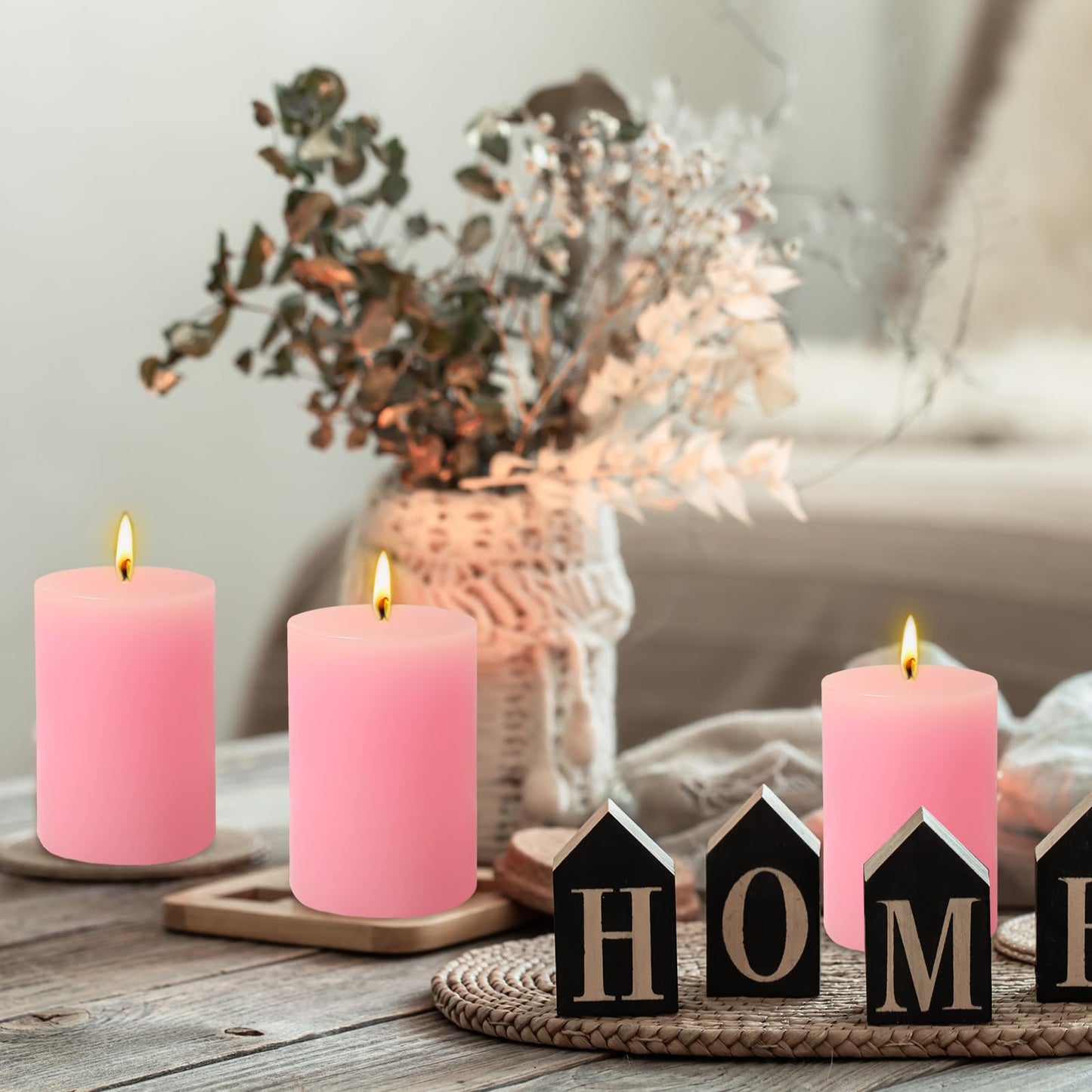 6 Pack 2x3 inch Pillar Candles, Pink Unscented Votive Candle for Celebration Home Decoration, Dripless and Long Burning Time