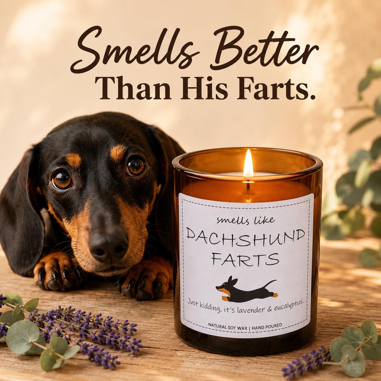 Dachshund Gifts & Decor, Weiner Dog Gifts for Women, Smells Like Dachshund Farts Candle - Lavender & Eucalyptus, Crafted by Natural Soy Wax & Natural Essential Oils