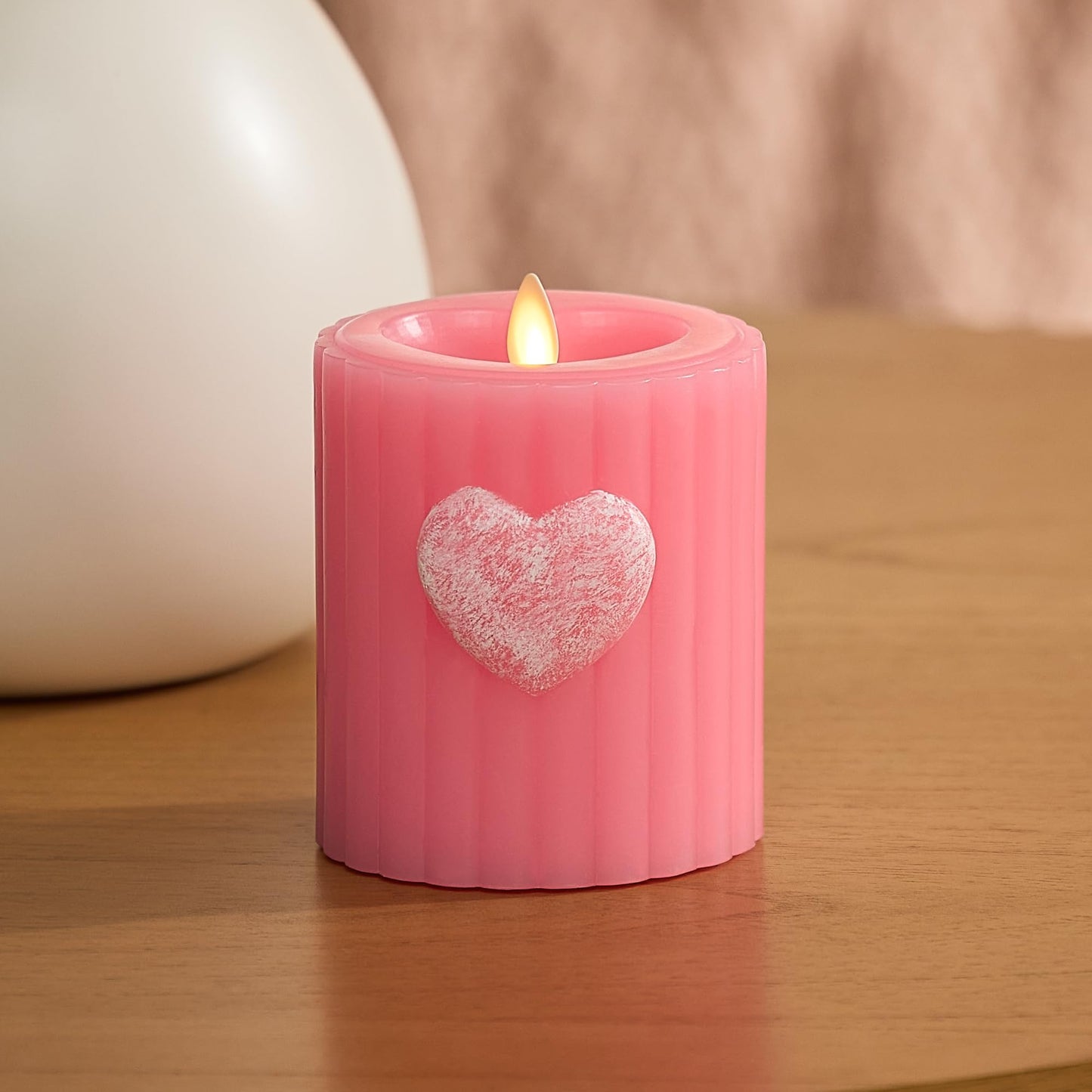 Luminara Flickering Flameless 3.7" x 4.5" Pillar Candle, Battery Operated Remote Ready (Sold Separately) & Timer Function, LED Light, Ribbed Real Pink Wax w/Embossed Heart Design for Valentine's Day