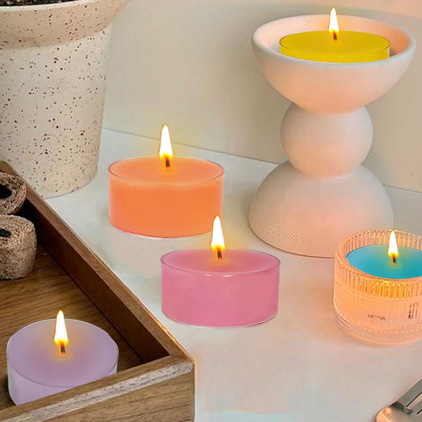 Scented Tea Light Candles 12 Pack Pastel Color Hand Poured Smokeless 4 Hours Clean Burning Small Round Clear Cups Tealight Candles for Romantic Dinners Wedding Centerpieces Cozy Evenings