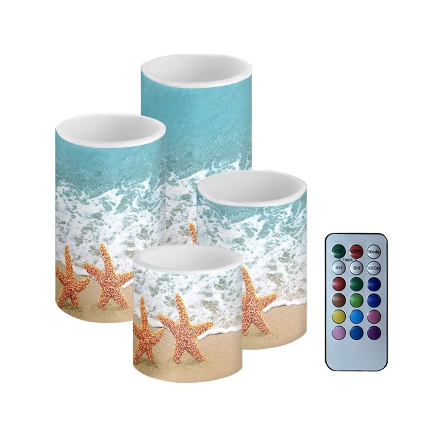 Merkmak Battery Operated Flameless Candles with Remote and Timer Flameless LED Pillar Candles for Camping, Beach Weddings, Home Decoration 4 Pack Tea Lights Bulk, Beach Starfish