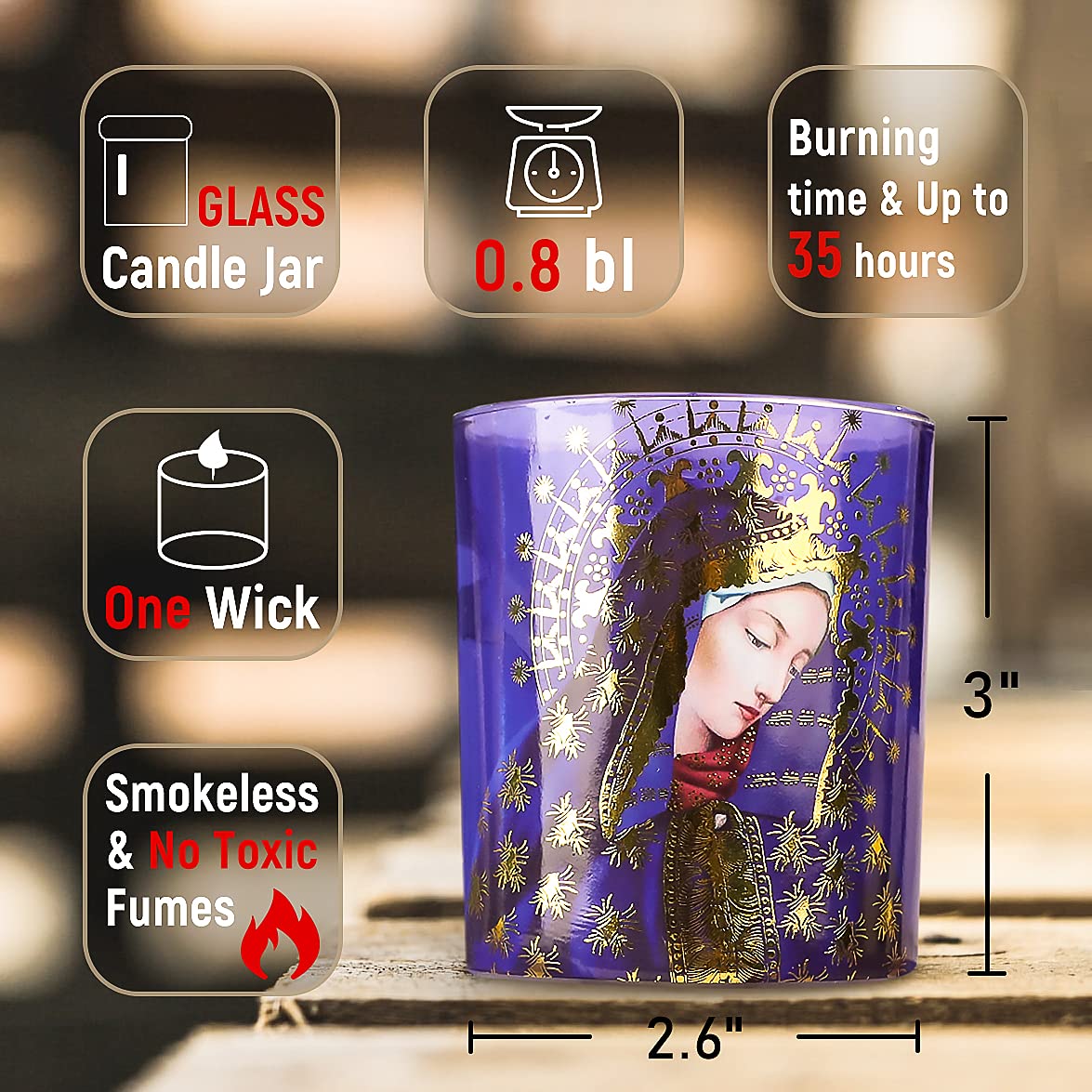 FLAVCHARM Blessed Virgin Mary Scented Candles - Set of 3 Purple Glass Votive Candles for Church Vigil Devotional and Catholic Home Altar - Long-Lasting Burning, Rosemary Scented Soy Wax Jar Candles