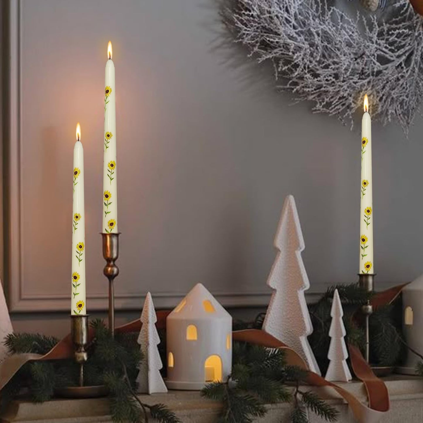 Summer Floral Printed Taper Candle - Baleagcdl Ivory with Sunflower Candlesticks Handmade Long Tapered Candles 10 Inch Drip Candle for Holiday Decor Gifts Set of 2