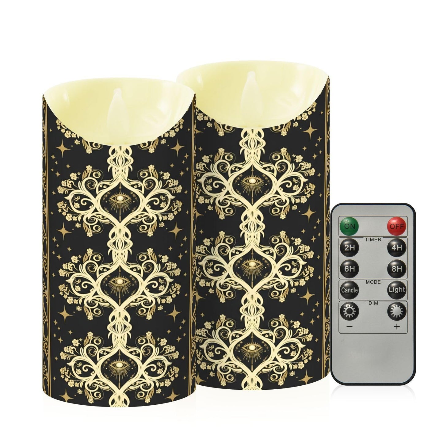 Gravopti Occult Baroque 2 Pack Flameless LED Pillar Candles with Remote & Timer, Battery Operated, Flickering Wax Candle for Wedding, Romantic Home & Party Decor
