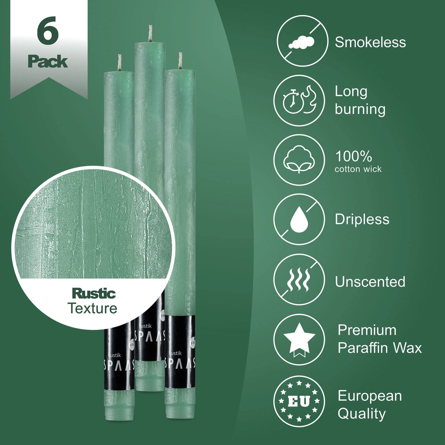 SPAAS Rustic Green Dinner Candles - 10" Tall Rustic Set of 6 Dripless Green Unscented Long Burning Decorative Candles for Home Decor, Table, Party, Weddings, and Holiday