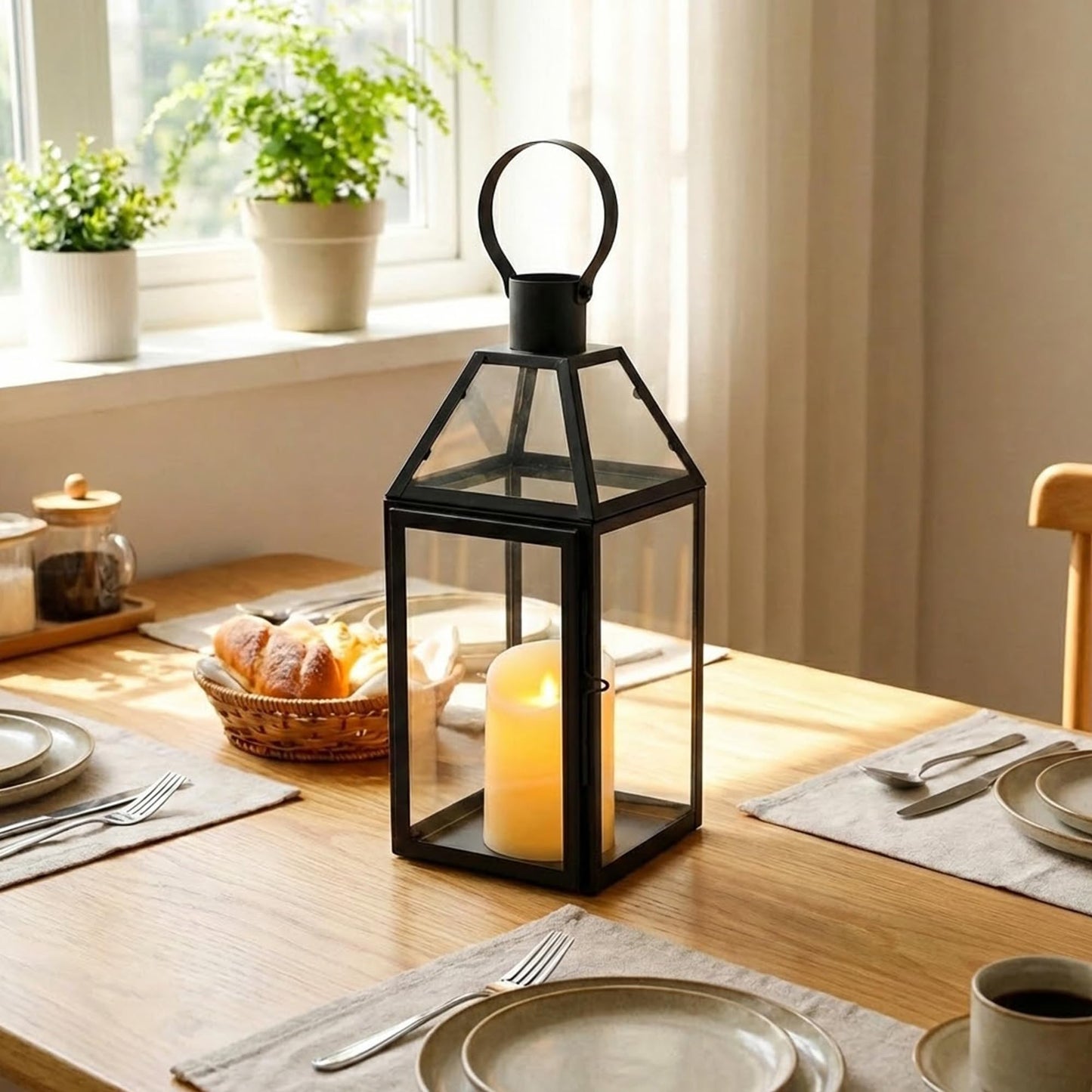 JHY DESIGN Black Decorative Lanterns 16“H Decorative Candle Lantern with Tempered Glass for Indoor Outdoor Events Parities and Weddings