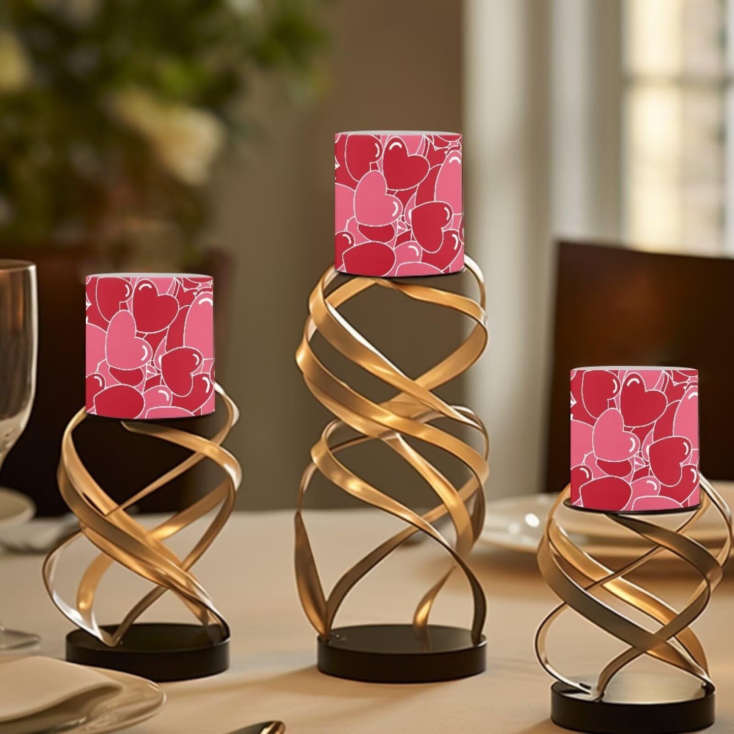 Merkmak Pack of 4 Full Heart Print Flameless Candles with Remote Battery Operated Candles with Timer Waterproof Flameless Pillar Tea Lights for Valentines Day Wedding Home Decorations