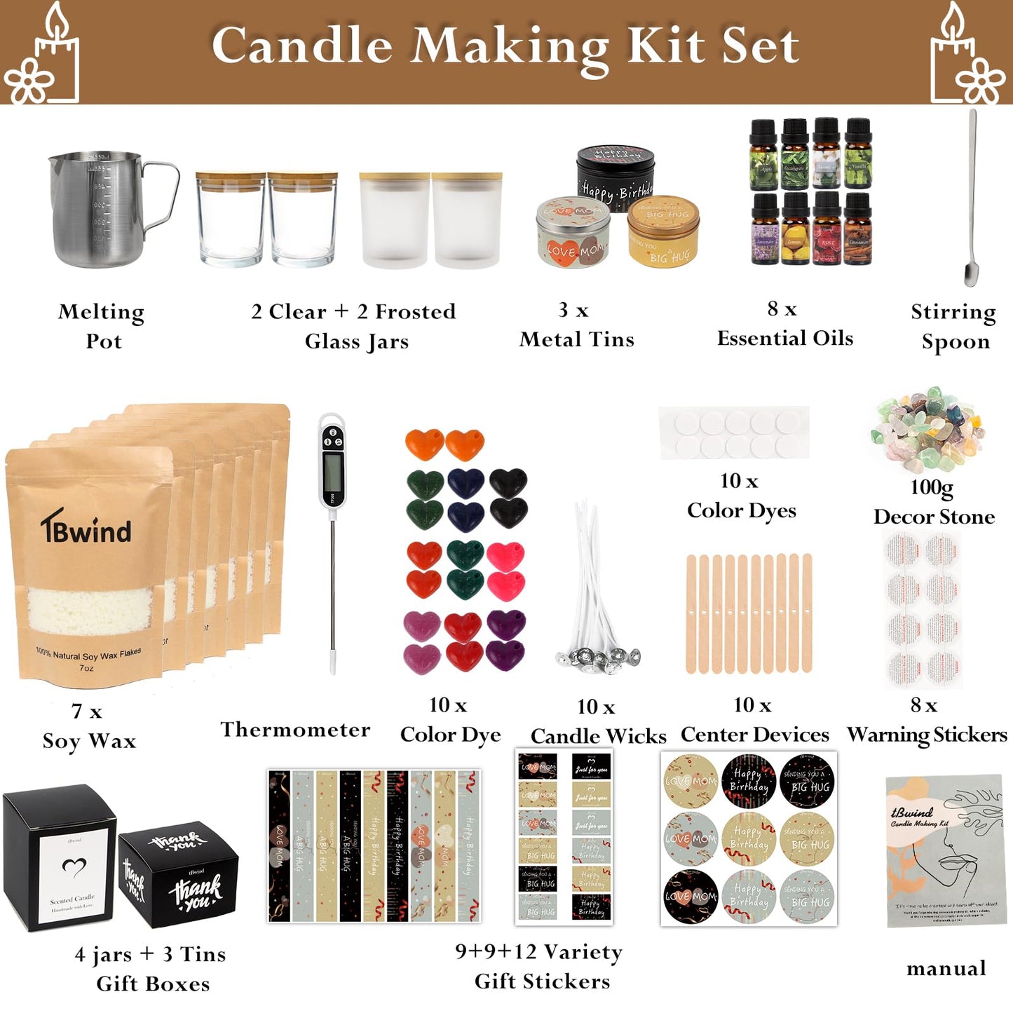 TBWIND Candle Making Kit, Soy Candle Making Supplies DIY Candle Craft Tools for Adults, Beginners with 8 Pleasant Scents, Melting Pot, Wicks, Wax, Dyes & More - DIY Starter Candle Making Kit