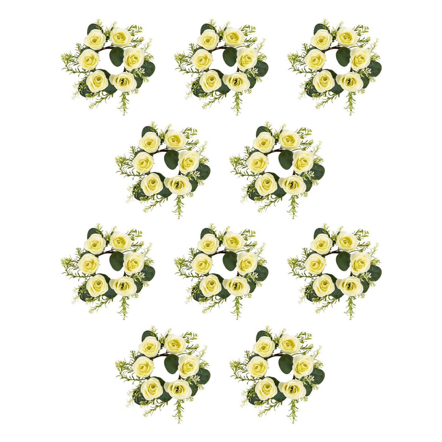 Candle Rings Wreath Centerpieces 10Pcs Cream Rose Candle Floral Wreaths 8.27In Artificial Flowers Rings Wedding Party Decor (Cream, Green)