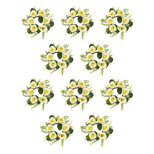 Candle Rings Wreath Centerpieces 10Pcs Cream Rose Candle Floral Wreaths 8.27In Artificial Flowers Rings Wedding Party Decor (Cream, Green)