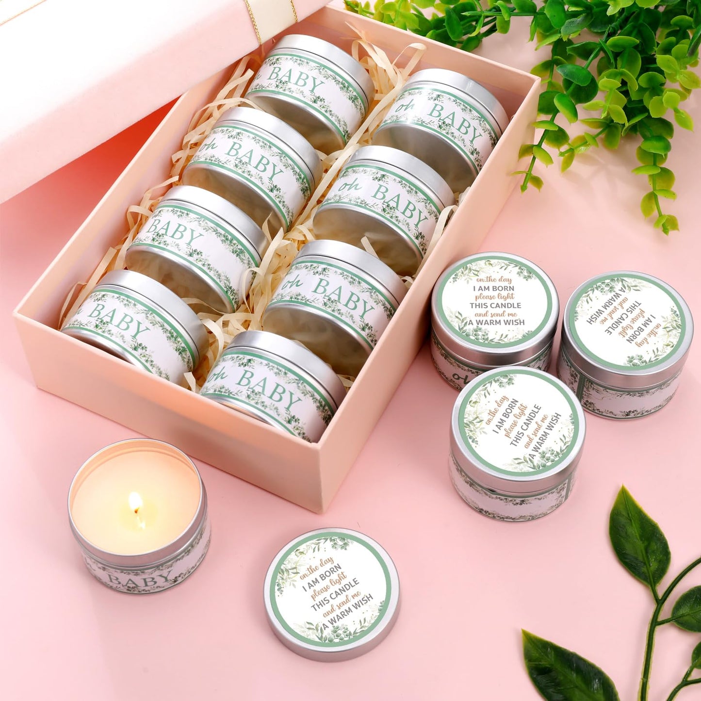 Funtery 12 Pcs Baby Shower Party Favors for Guests Baby Shower Candles Lavender Scented Candle Rustic Tealights Candles Gender Reveal Return Gifts(Leave)