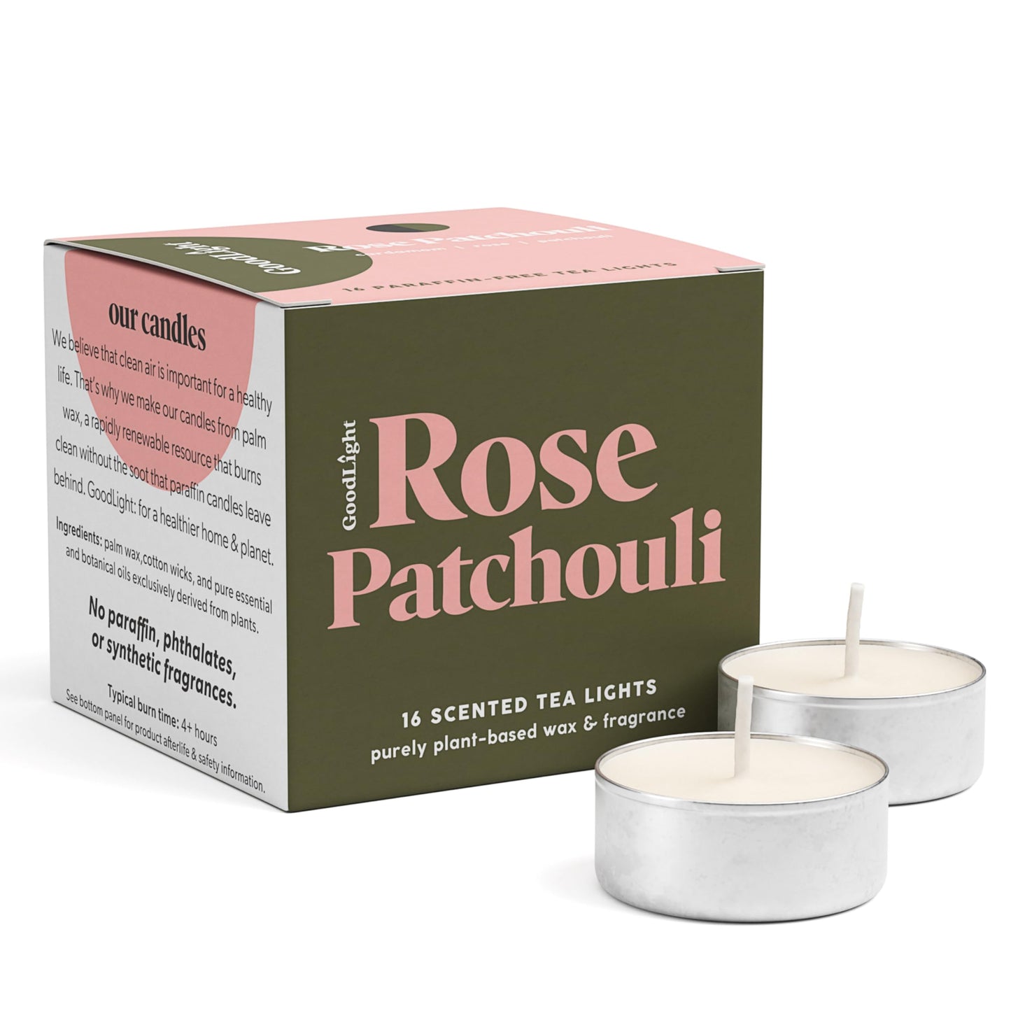 GoodLight Scented Vegan and Paraffin-Free Tea Light Candles (16 Count, Rose Patchouli)