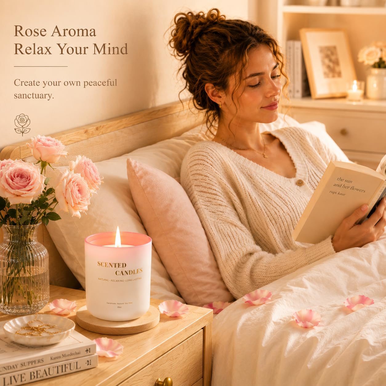 Lanttu Rose Scented Candle for Home Decor, 10 oz Natural Soy Wax Jar Candles, 40 Hours Long Lasting Burning Candles for Women Mom Friend Birthday Housewarming Gift