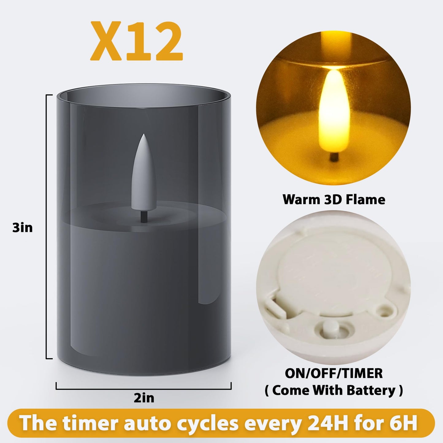 VIODAIM 12Pack Flickering Flameless LED Candles with Timer, Battery Powered - Small Pillar & Votive, Black (2"X3")