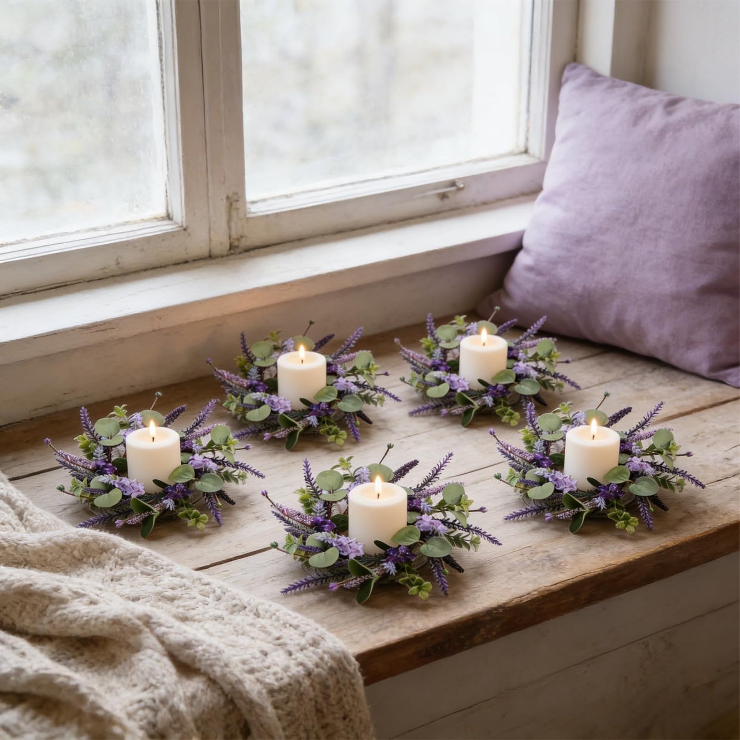 6 Pcs Small Lavender Candle Ring Wreaths Mini Pillar Candle Holder Wreath with Violet Hydrangea Flowers and Eucalyptus Leaves Artificial Spring Summer Wreath for Home Kitchen Table Cnterpieces