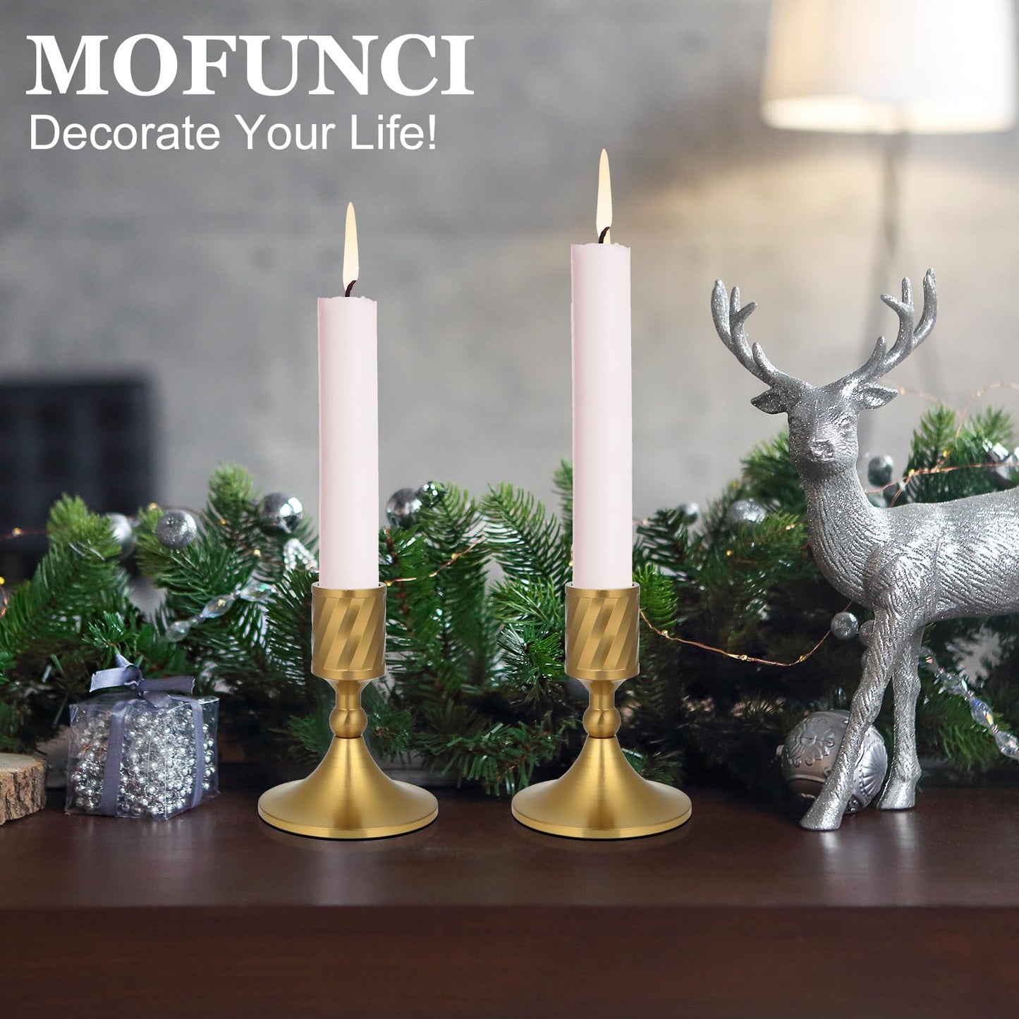 Mofunci Candlestick Holders Taper Candle Holders, Gold Candle Stick Holders Decor for Wedding Christmas Birthday Party Holiday, Short Candle Holders for Table Centerpieces Home Decor, Set of 2