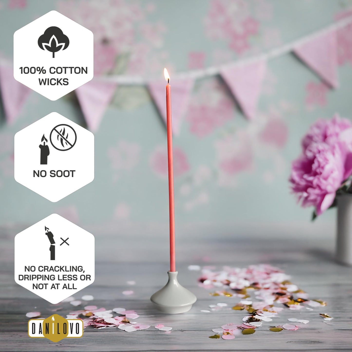 Danilovo Thin Taper Beeswax Candles - No-Drip, Smoke-Less, Tall, Decorative, Honey Scented Candles Ideal for Church Prayer, Rituals, Decor or Birthday – 7.3”x0.24” (Pink, 100pcs)