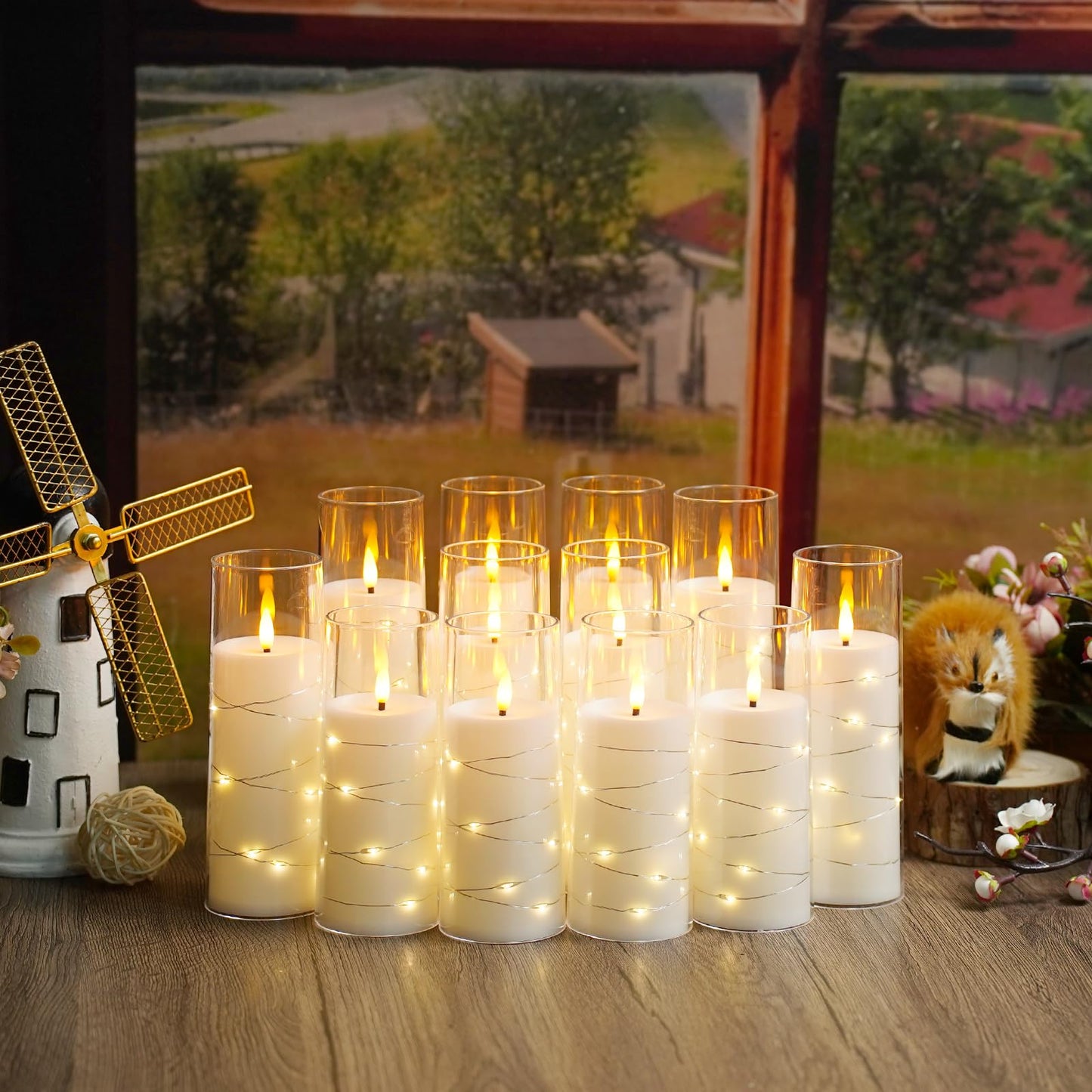 Flameless Candles with Embedded Star String, 12 Pcs Battery Operated LED Pillar Candles with Remote and Timer, Suitable for Home Decor, Party, Christmas & Wedding (White)