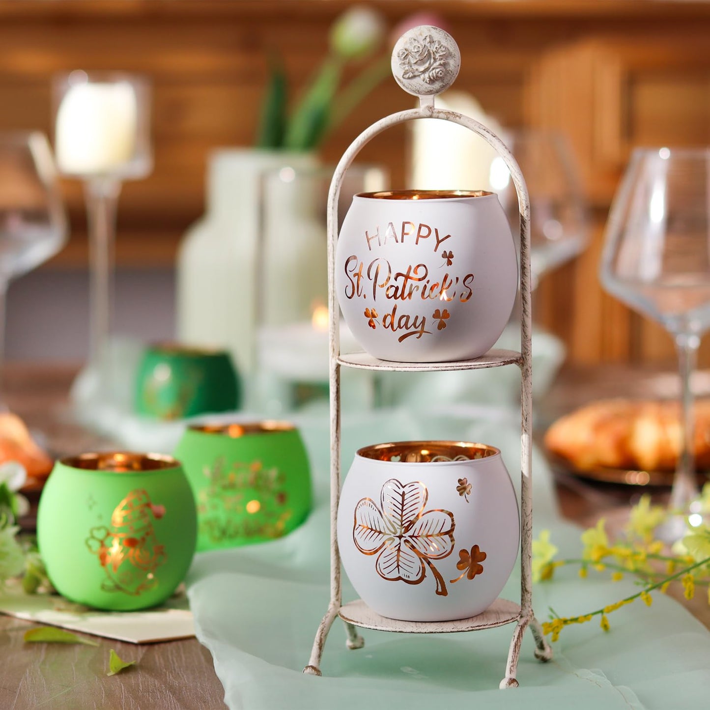 SHMILMH St. Patrick's Day Candle Holders 6PCS St Patricks Day Shamrocks Decorations for Table Centerpiece, Glass Votive Tealight Holders for Home Decor Party Decorations
