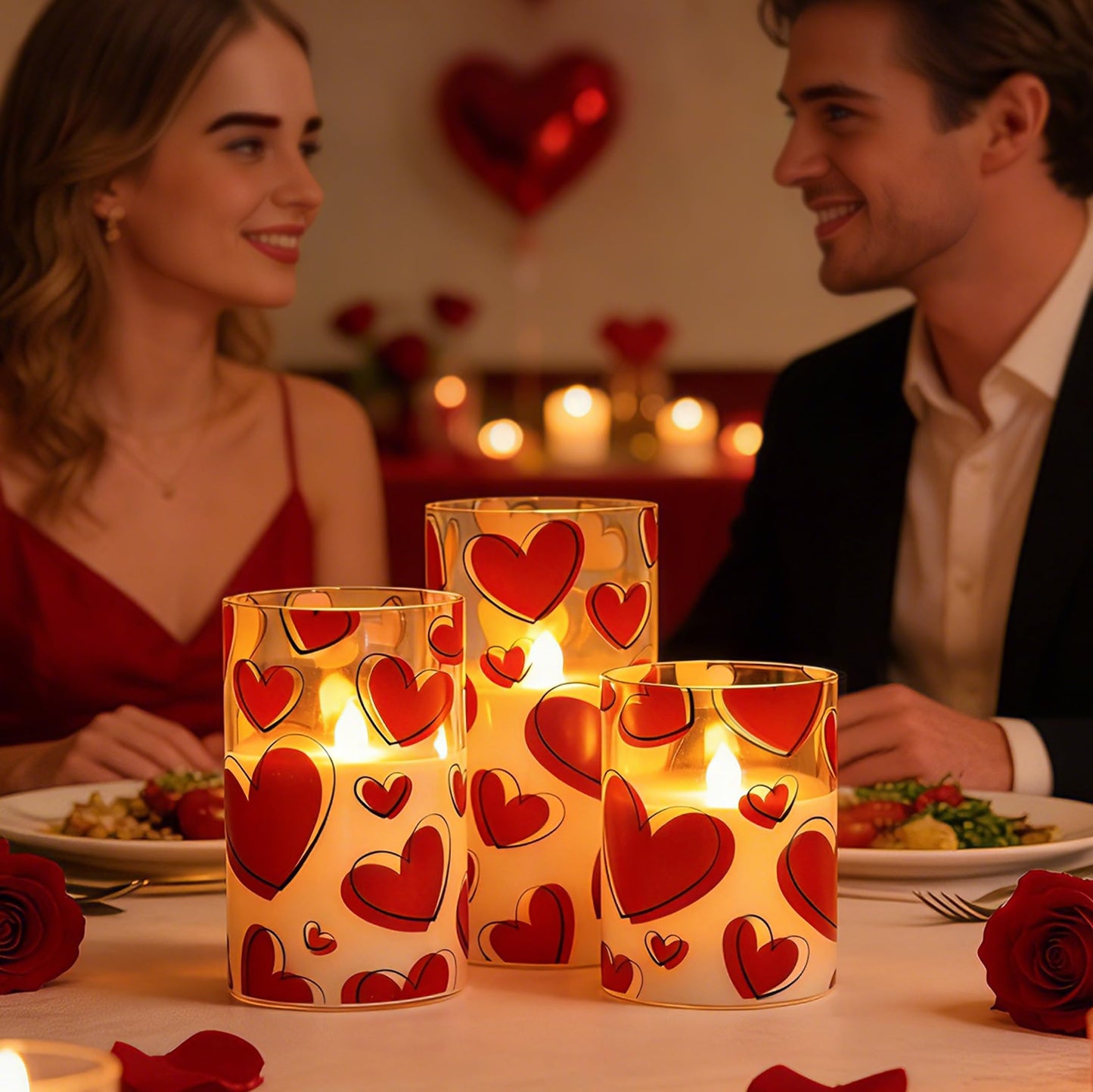 AFINETH Valentines Day Flameless Candles with Remote, Red Heart Glass Battery Operated Candles, Real Wax Flickering LED Pillar Candles for Proposal Wedding Anniversary Romantic Night, 3 Pack