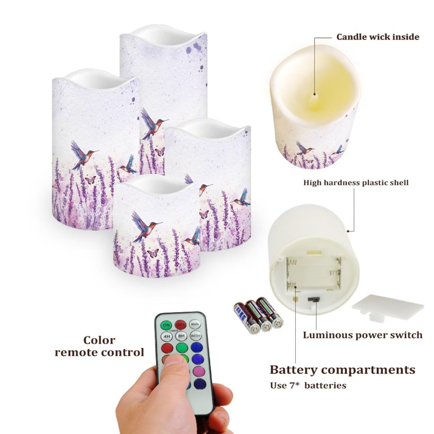 Cozeyat Lavender LED Candles Set of 4 Real Wax Battery Powered Flameless with Remote Control Timer Color Changing for Wedding Home Table