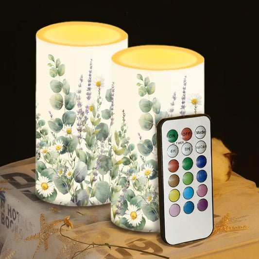 Luarisgur Floral Leaves Flameless Candles 2 Pack 6 x 3 inch Battery Operated Candles with Multicolor Timer Remote Control LED Fake Candles for Warm Light Dinner Table Home Decor