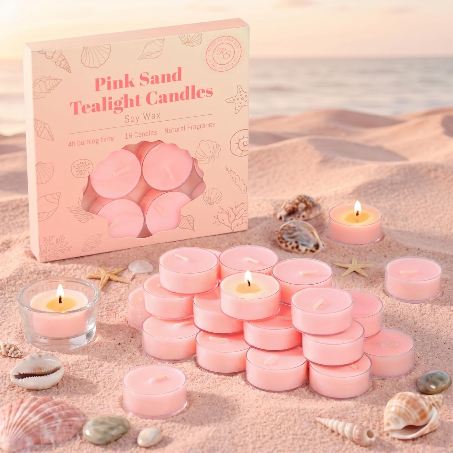 16Pcs Pink Sand Scented Tealight Candles, Pink Soy Wax Tea Lights with Essential Oils, 4h Long Burning Tea Light Candles for Spa, Romantic Decor, Meditation, Dinner, and Home Decor