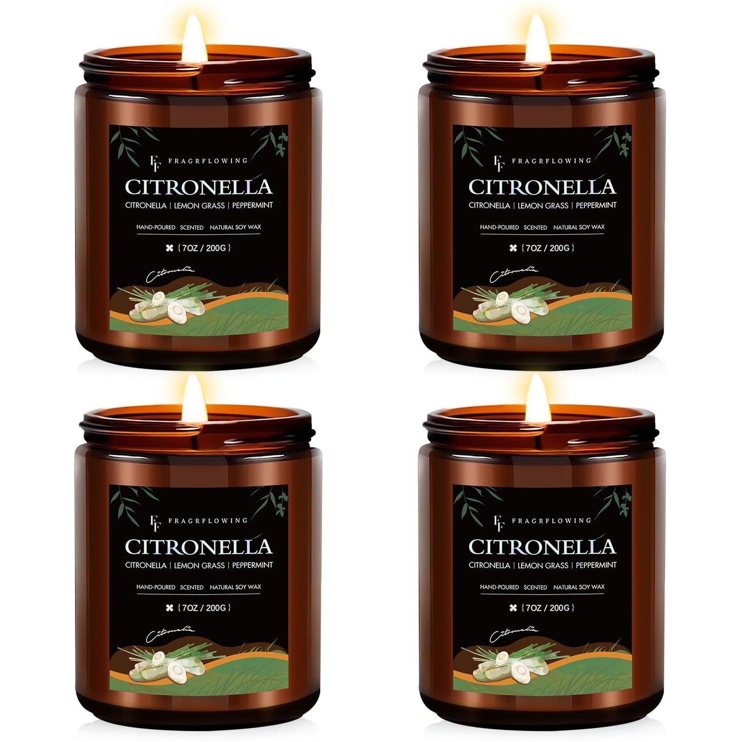 Citronella Candles Set, Indoor Outdoor Lemongrass Scented Candles，Natural Soy Wax Jar Candle, 200-Hour Burn Time, 28 oz (4 Pack)