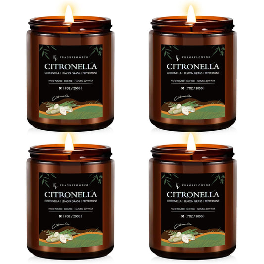 Citronella Candles Set, Indoor Outdoor Lemongrass Scented Candles，Natural Soy Wax Jar Candle, 200-Hour Burn Time, 28 oz (4 Pack)