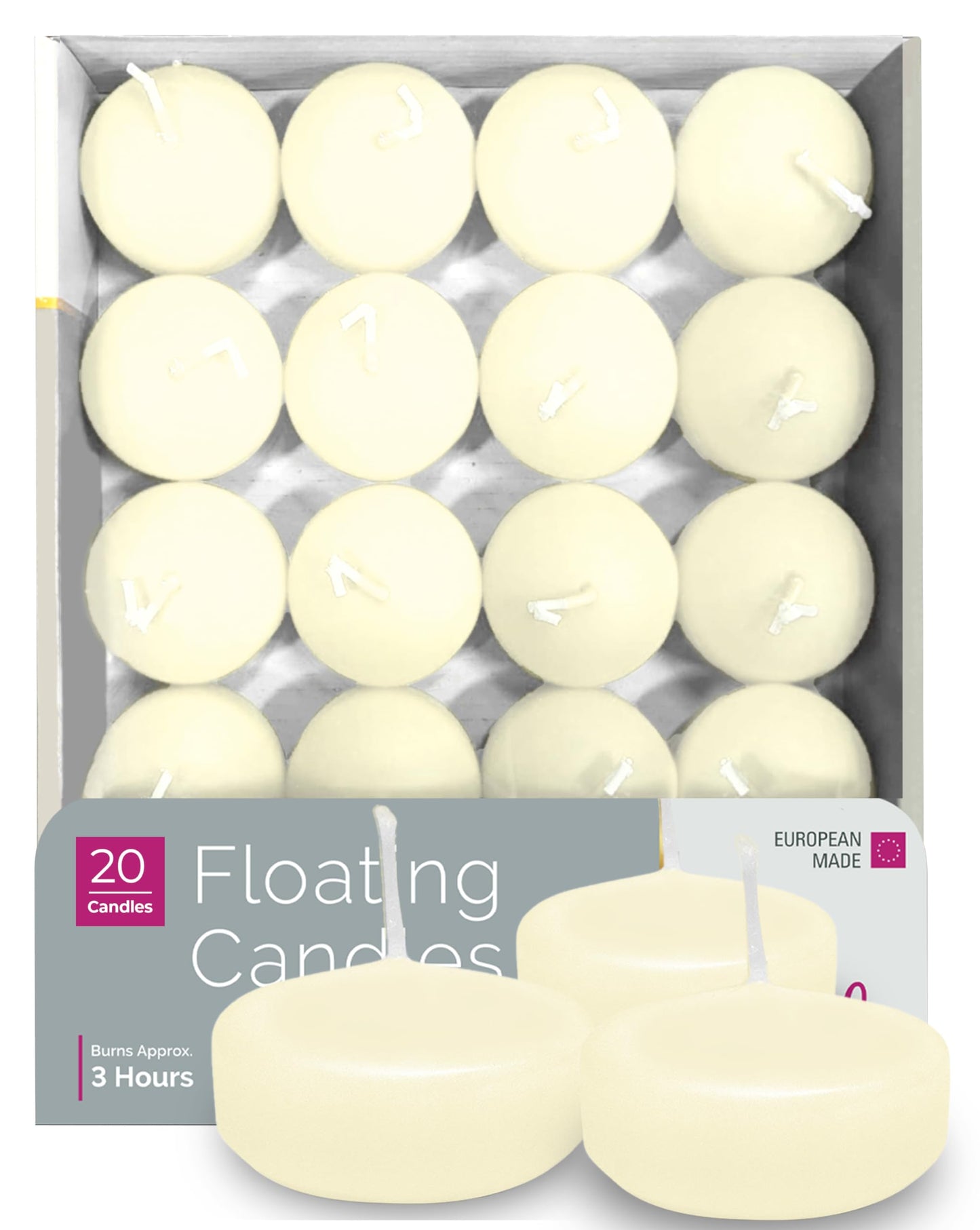 HYOOLA Premium Ivory Floating Candles 1.75 Inch - 3 Hour - 20 Pack - European Made
