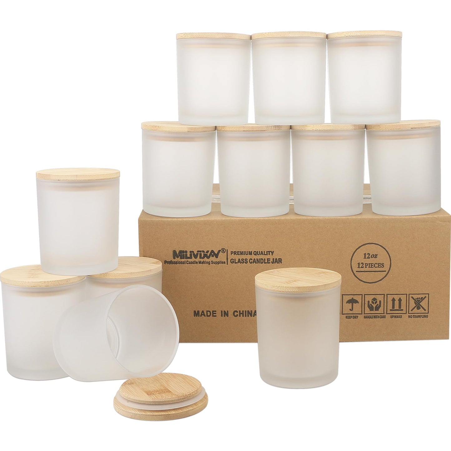 MILIVIXAY 12Pack 12 OZ Frosted White Thick Glass Candle Jars with Lids - Bulk Empty Candle Jar for Making Candles - Spice, Powder Containers.