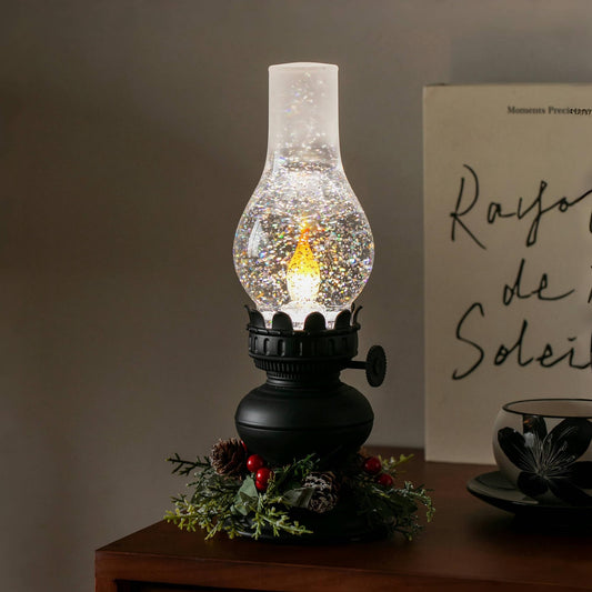 Vintage LED Hurricane Lantern with Flickering Flame & Snow Globe Effect - Decorative Candle Lantern for Home, Living Room, Dining Table, Fireplace Mantle | Christmas Thanksgiving Holiday Decor