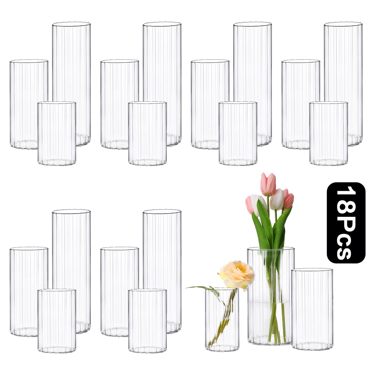 PHOSPHOR 18 Pcs Cylinder Glass Candle Holder 6'', 8'', 10'', Hurricane Candle Holder for Pillar Candle Tall Glass Cylinder Centerpieces Vases Floral Room Decor