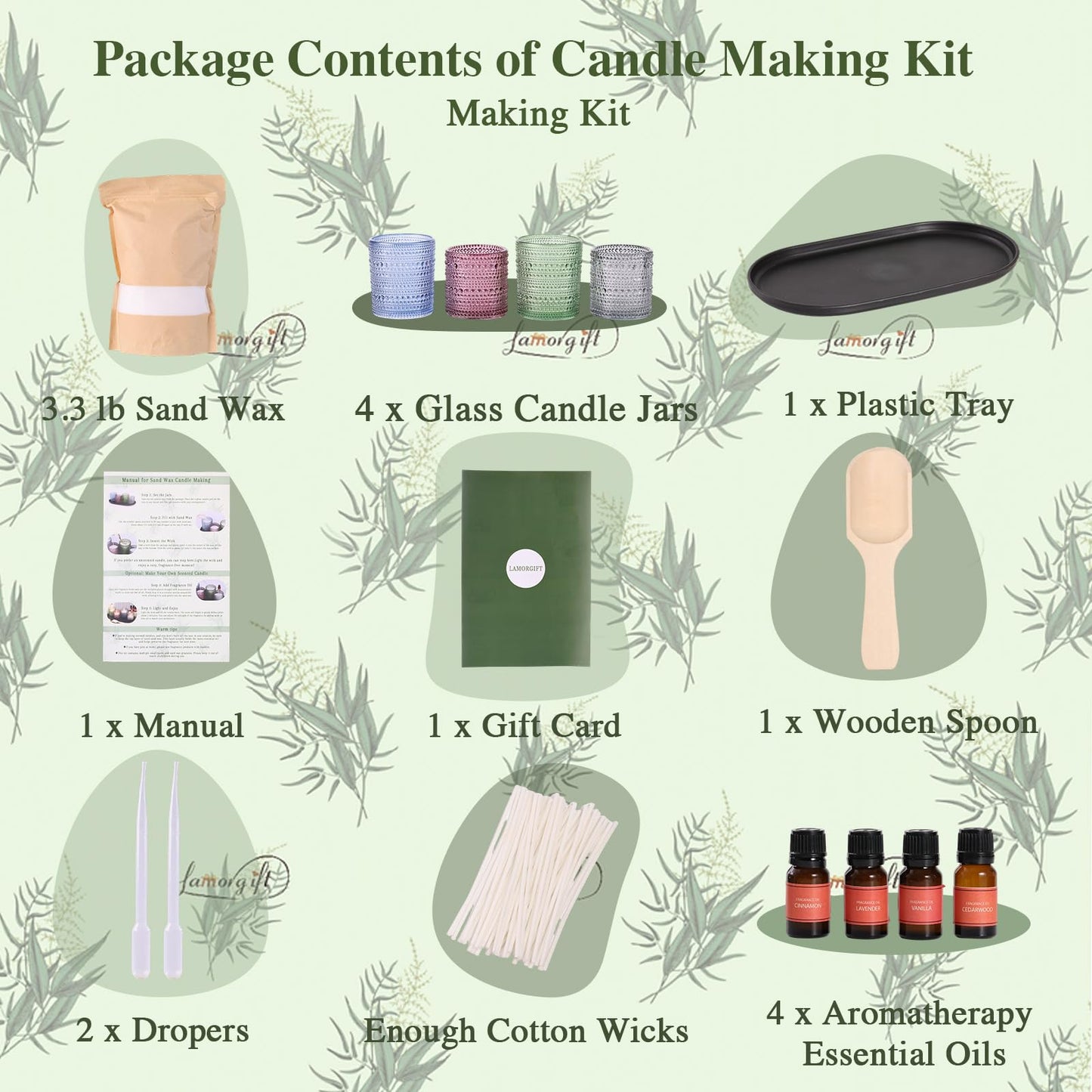 LAMORGIFT Pearled Candle Making Kit- Sand Wax Gift Set- 3.3LB Candle Sand with Wicks, 4 Pcs Glass Candle-Jars with Plastic Tray, 40ml Fragrance Oils Accessories for DIY Scented Candles & Home Decor