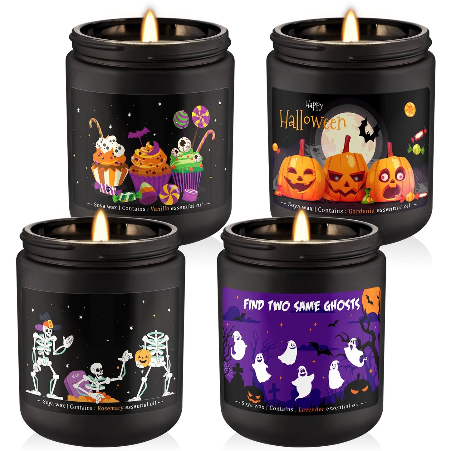 Grcdoyvl Halloween Scented Candles Set of 4 (7oz Each) – Spooky Aromatherapy Soy Wax Candles with Bat & Ghost Designs, Smokeless for All Saints' Day, Home Decor & Festive Gifts