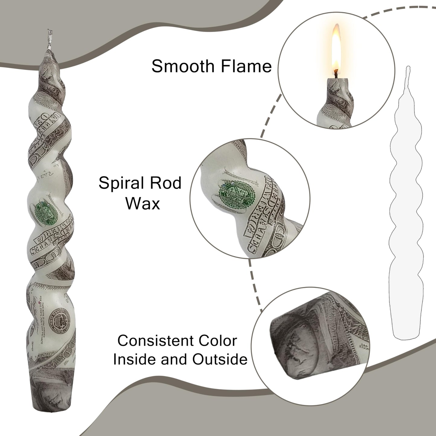 Dollar Printed Candle Stick Handmade Twisted Smokeless Spiral Candle 7.5 in Twisted Tapered Candles for Home Wedding Dinner Holiday Party（2 Pcs